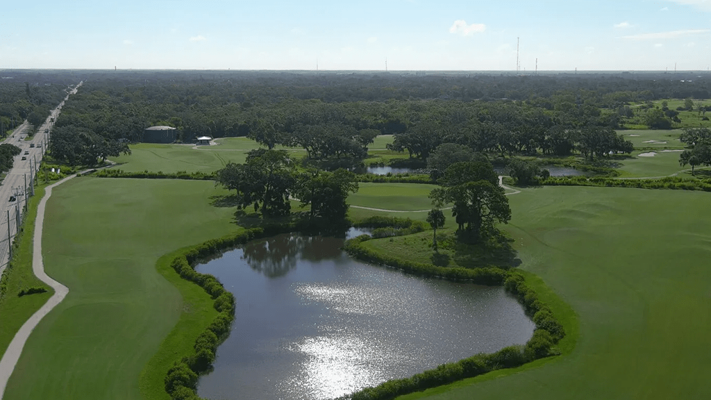 Pond on golf course with trees